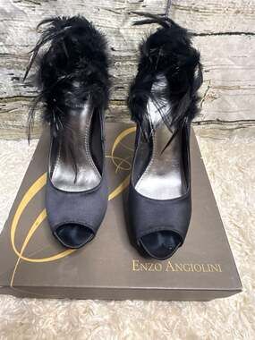 Enzo Angiolini Torrez 10 Heels Feather Platform Pump Black Satin Stiletto